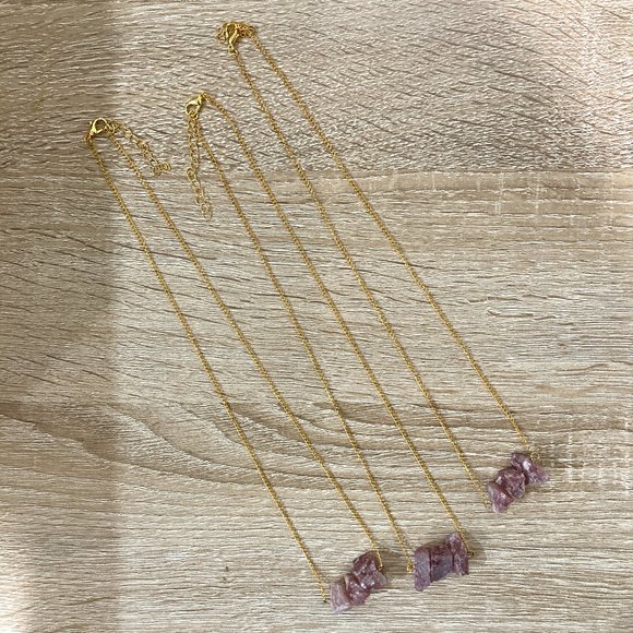 Natural Raw Cut Purple Amethyst Quartz Stone Pendant Gold Necklace - Picture 3 of 5